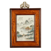 Pair Antique Chinese Republic Period Hand Painted Porcelain Hongmu Plaques 1920