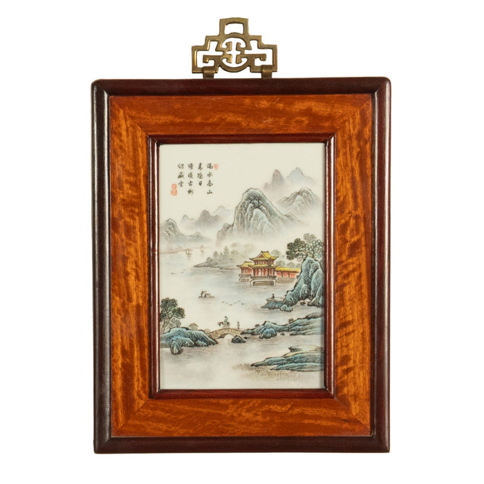 Pair Antique Chinese Republic Period Hand Painted Porcelain Hongmu Plaques 1920