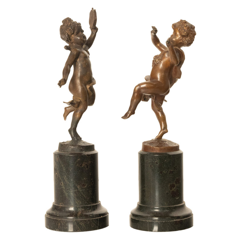 Pair Antique French Bronze Marble Putti Dancing Musicians Statues Sculpture 1860