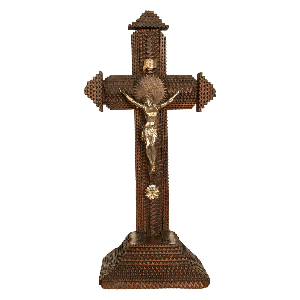 Antique American Tramp Art Carved Wood Crucifix John Zadora Pennsylvania 1900