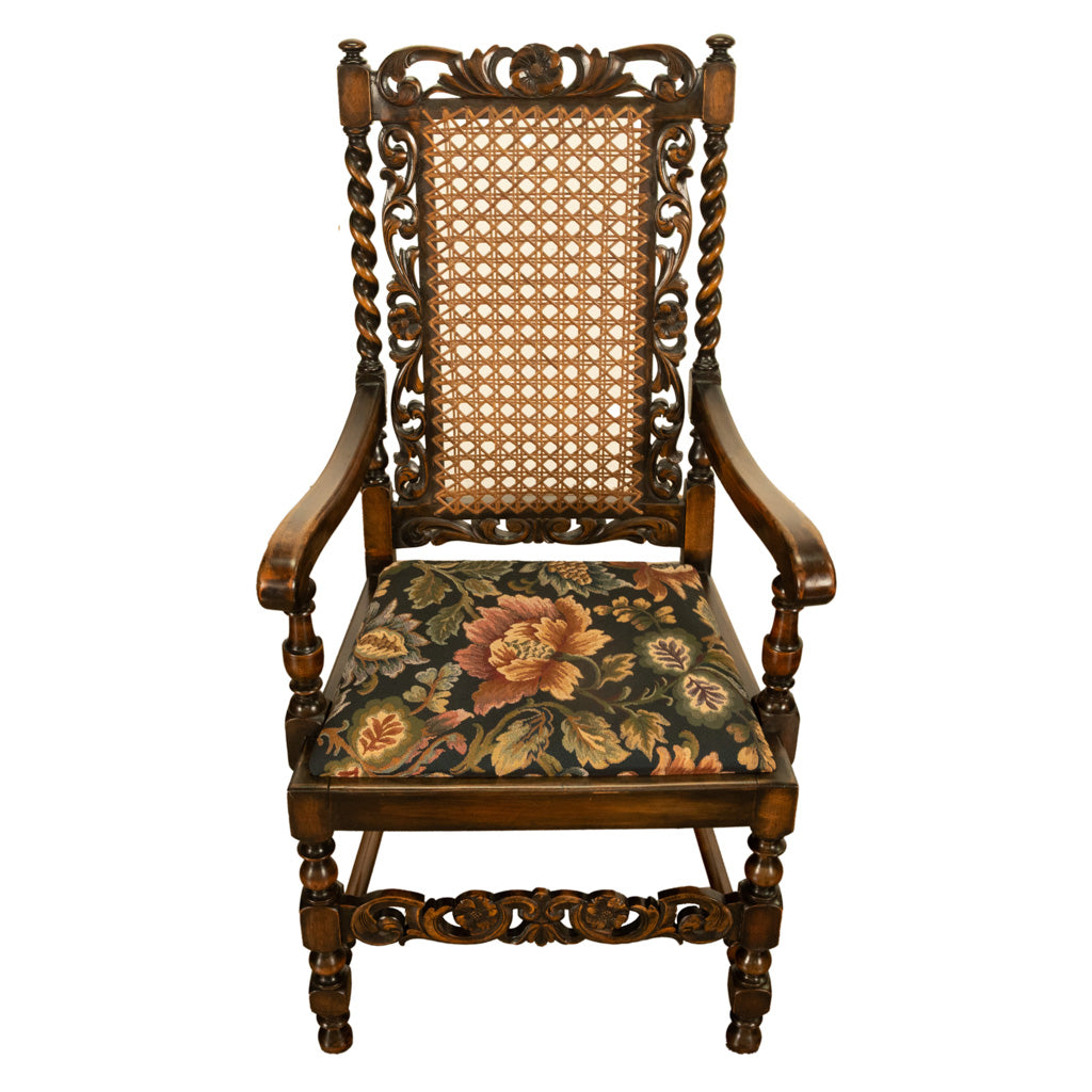 Antique 19thC Set 6 Carved Caned Jacobean Barley Twist Walnut Dining Chairs 1870