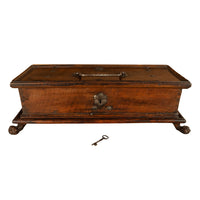 Antique Italian Baroque Walnut & Engraved Iron Jewelry Strong Box Cassone 1600