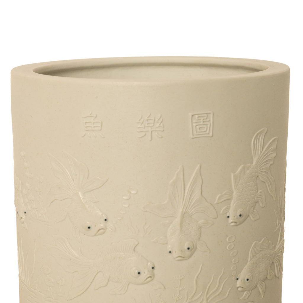 Antique Chinese Qing Biscuit Porcelain Scholar's Brush Pot Bitong Gold Fish 1850