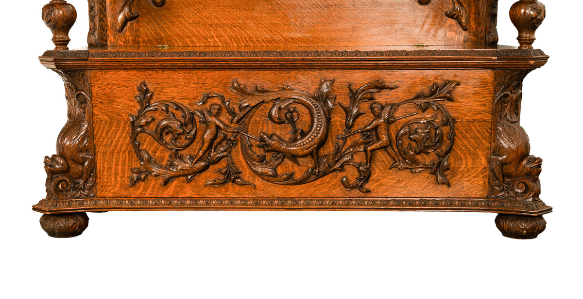 Antique R. J. Horner & Co Monumental Carved Oak Figural Griffins Hall Bench 1890