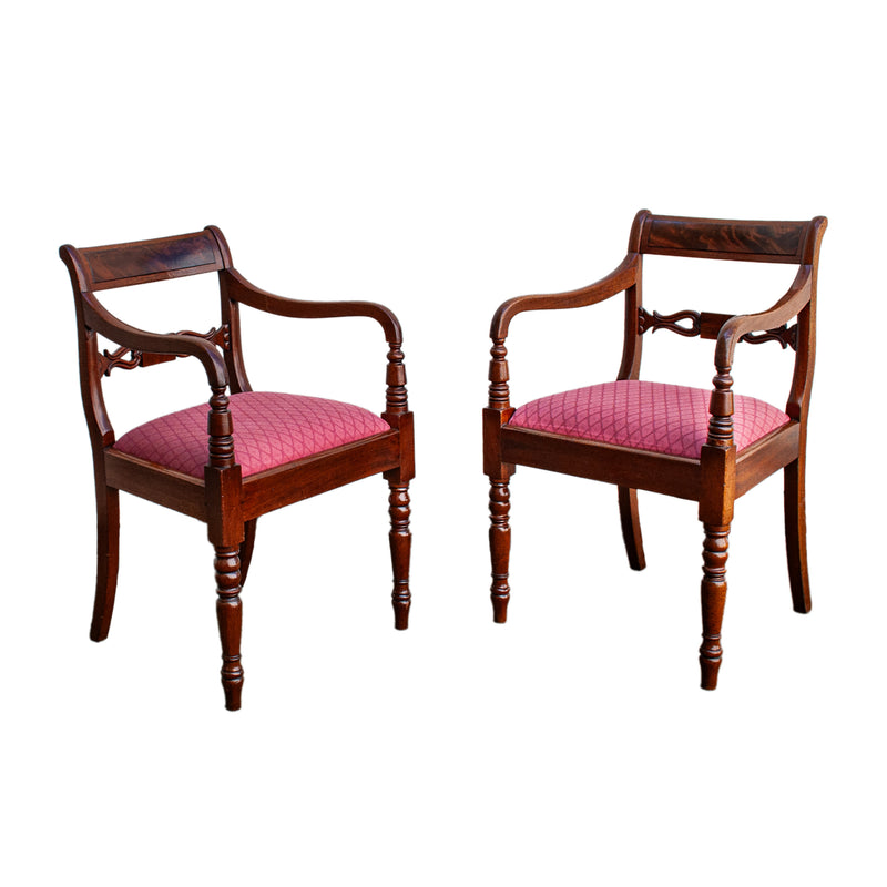 Antique Set Eight Georgian Regency Flame Mahogany Dining Chairs Armchairs 1820