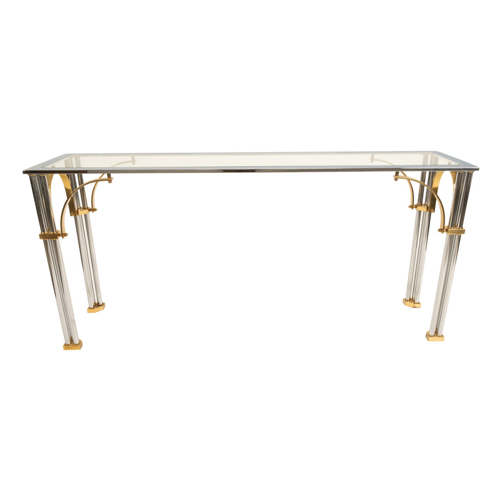 Mid Century Modern Chrome & Brass Glass Console Sofa Table by John Vesey 1960s