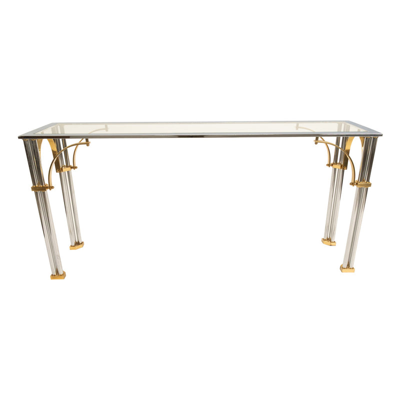Mid Century Modern Chrome & Brass Glass Console Sofa Table by John Vesey 1960s