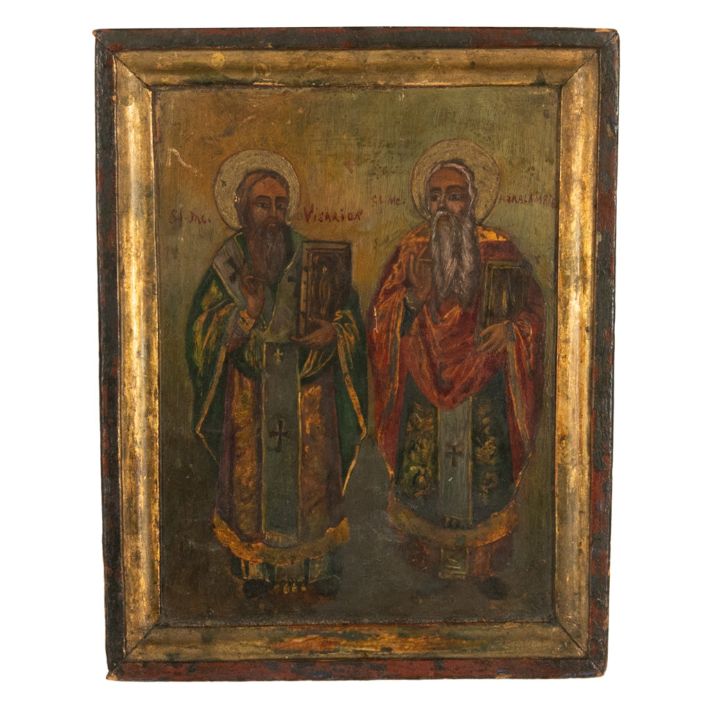 Antique Greek Orthodox Gilded Hand-painted Egg Tempera Double Sided Icon, 1850
