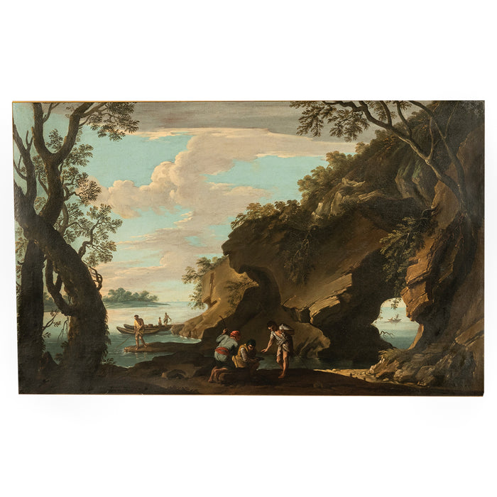 Italian 17th Century Baroque Oil on Canvas Painting Coastal Landscape Fishermen, Attributed to Salvator Rosa Circa 1650