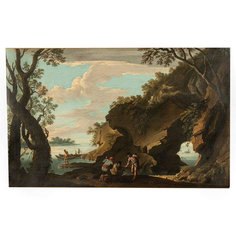 Italian 17th Century Baroque Oil on Canvas Painting Coastal Landscape Fishermen, Salvator Rosa Circa 1650