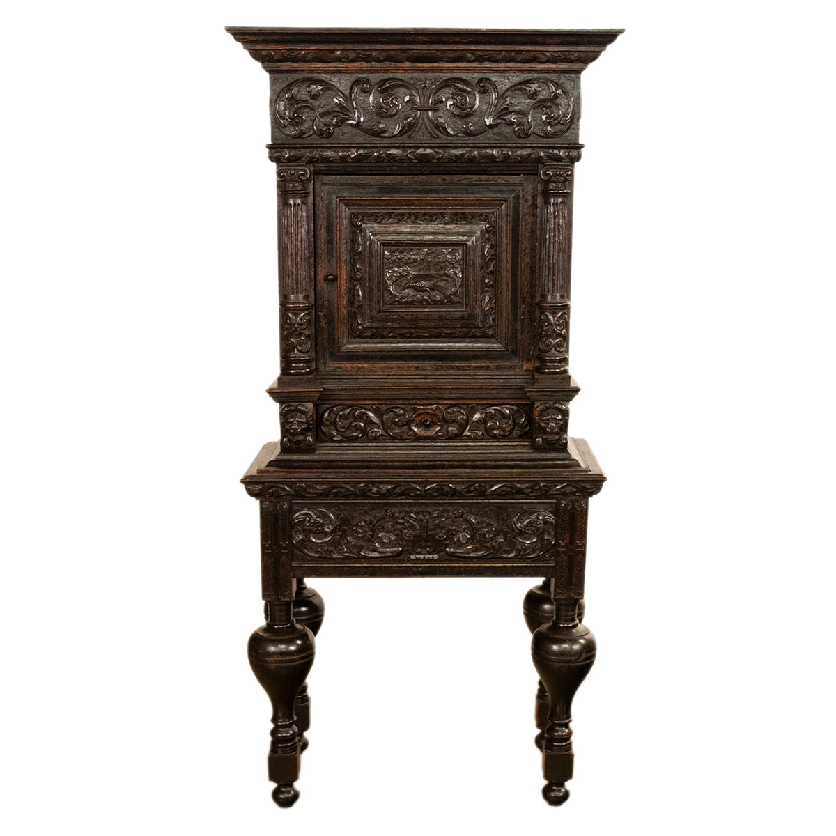 Antique 17th Century Dutch Carved Ebonized Oak Credence Cabinet on Stand 1680