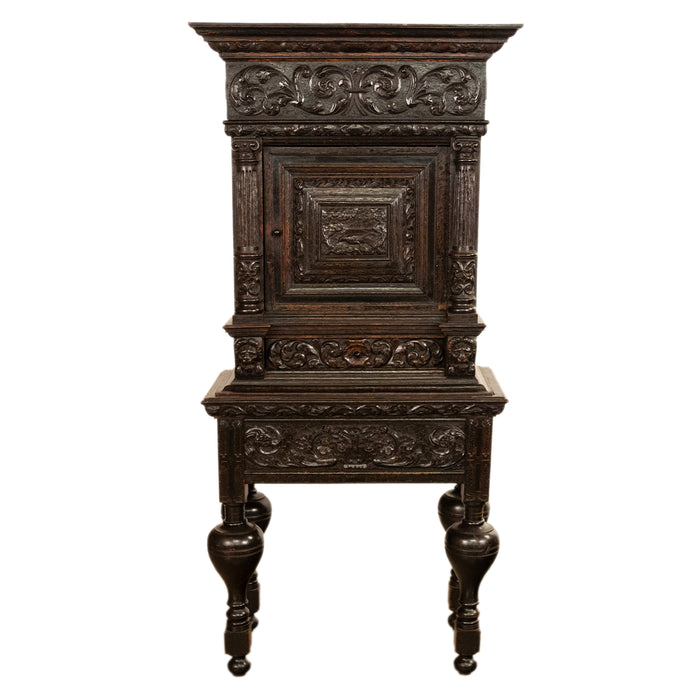 Antique 17th Century Dutch Carved Ebonized Oak Credence Cabinet on Stand 1680