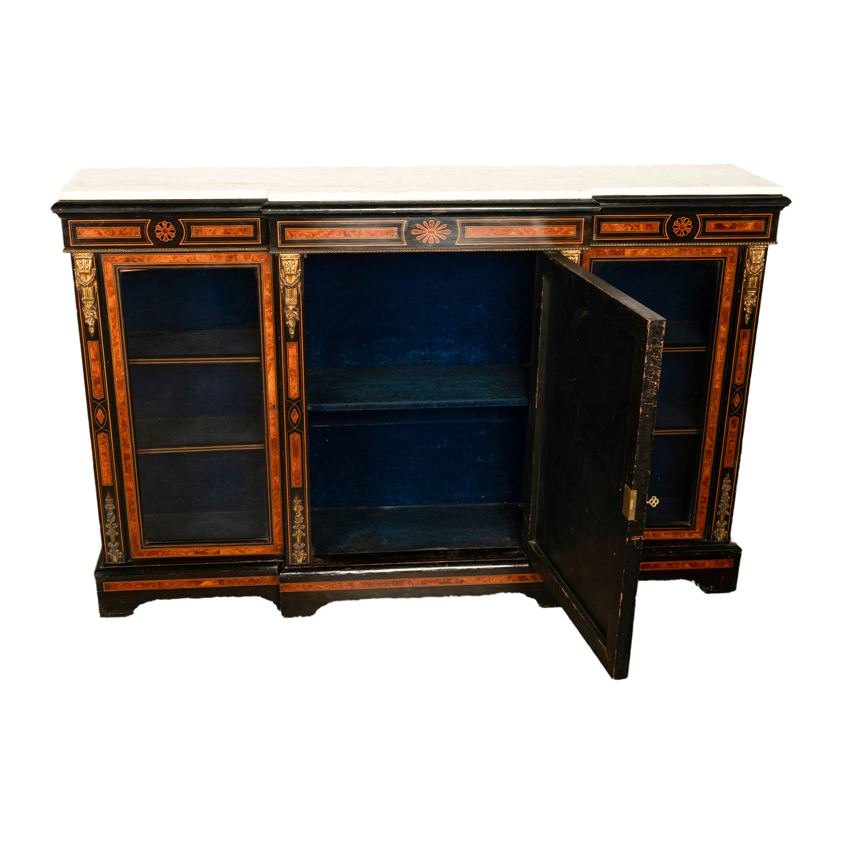 Antique French Napoleon III Ebony Ormolu Marble Sevres Porcelain Inlaid Credenza Cabinet 1860