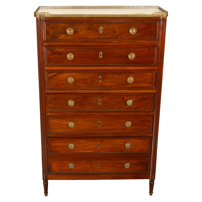 Tall Antique 19thC French Louis XVI Semainier Mahogany Marble Chest Drawers 1880
