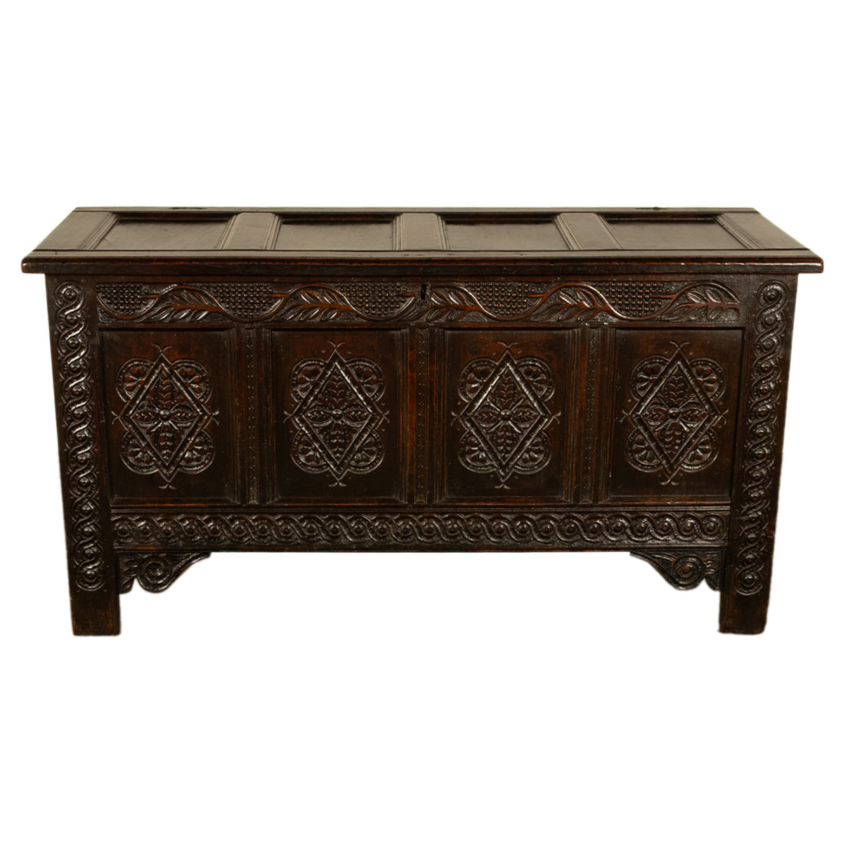 Antique 17th Century Jacobean Charles II Dark Oak Carved Coffer Chest 1680