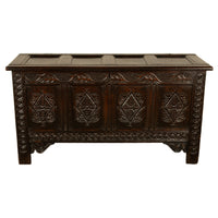Antique 17th Century Jacobean Charles II Dark Oak Carved Coffer Chest 1680