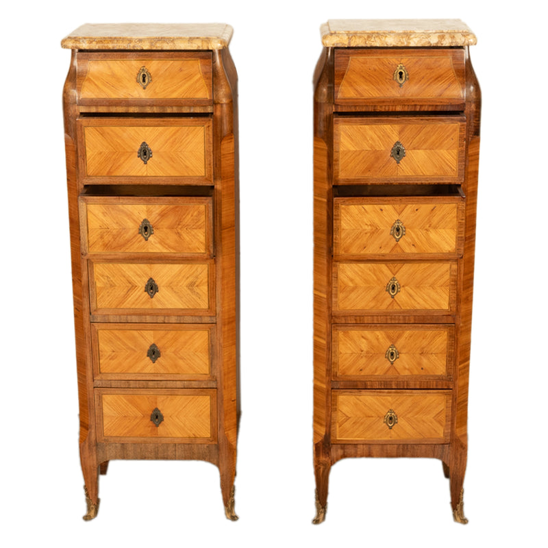 Antique Pair French Louis XV Chiffonier Marble & Kingwood Tall Lingerie Chests Circa 1880