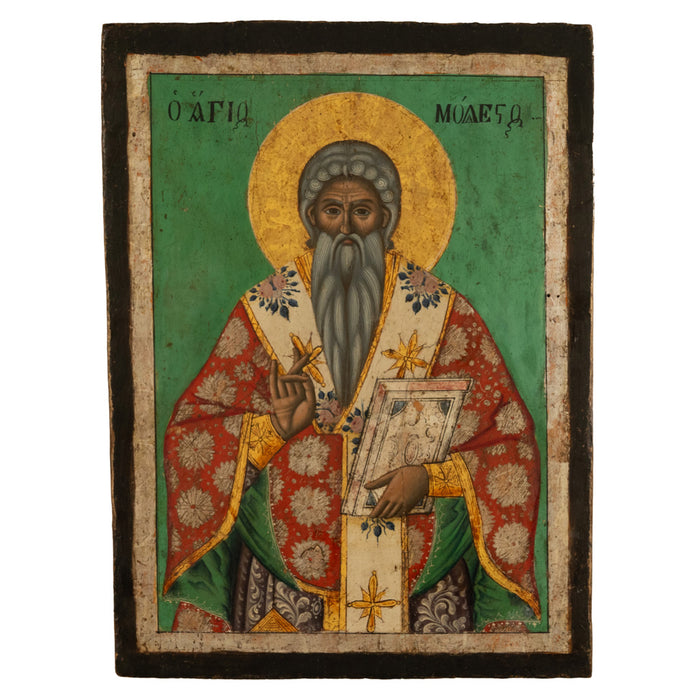 Antique 19th Century Egg Tempera Gilded Greek Orthodox Icon Saint Modestus 1800