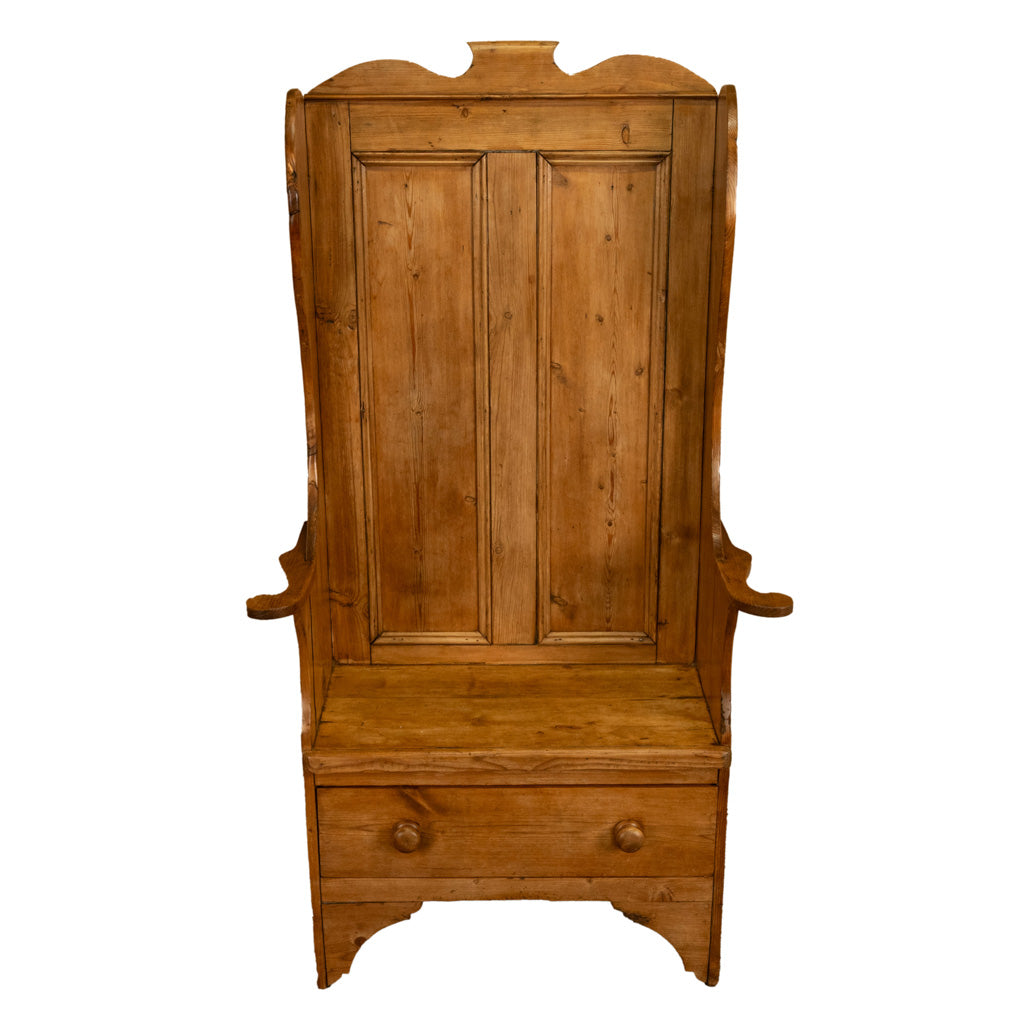 Antique 19thC English Pine Lambing Chair Hall Bench Settle With Drawer 1860