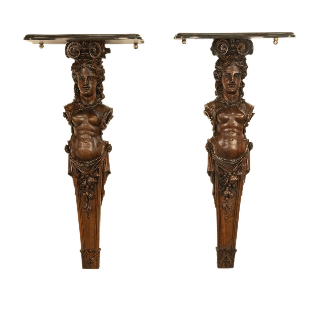 Antique 19thC Italian Carved Walnut Renaissance Revival Pair Caryatid Brackets, Circa 1850