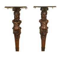 Antique 19thC Italian Carved Walnut Renaissance Revival Pair Caryatid Brackets, Circa 1850