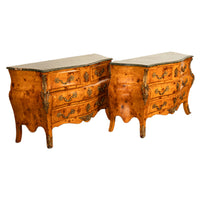 Pair 19th Century Antique Italian Burlwood Bombe Commodes Chests Ormolu & Green Marble 1890