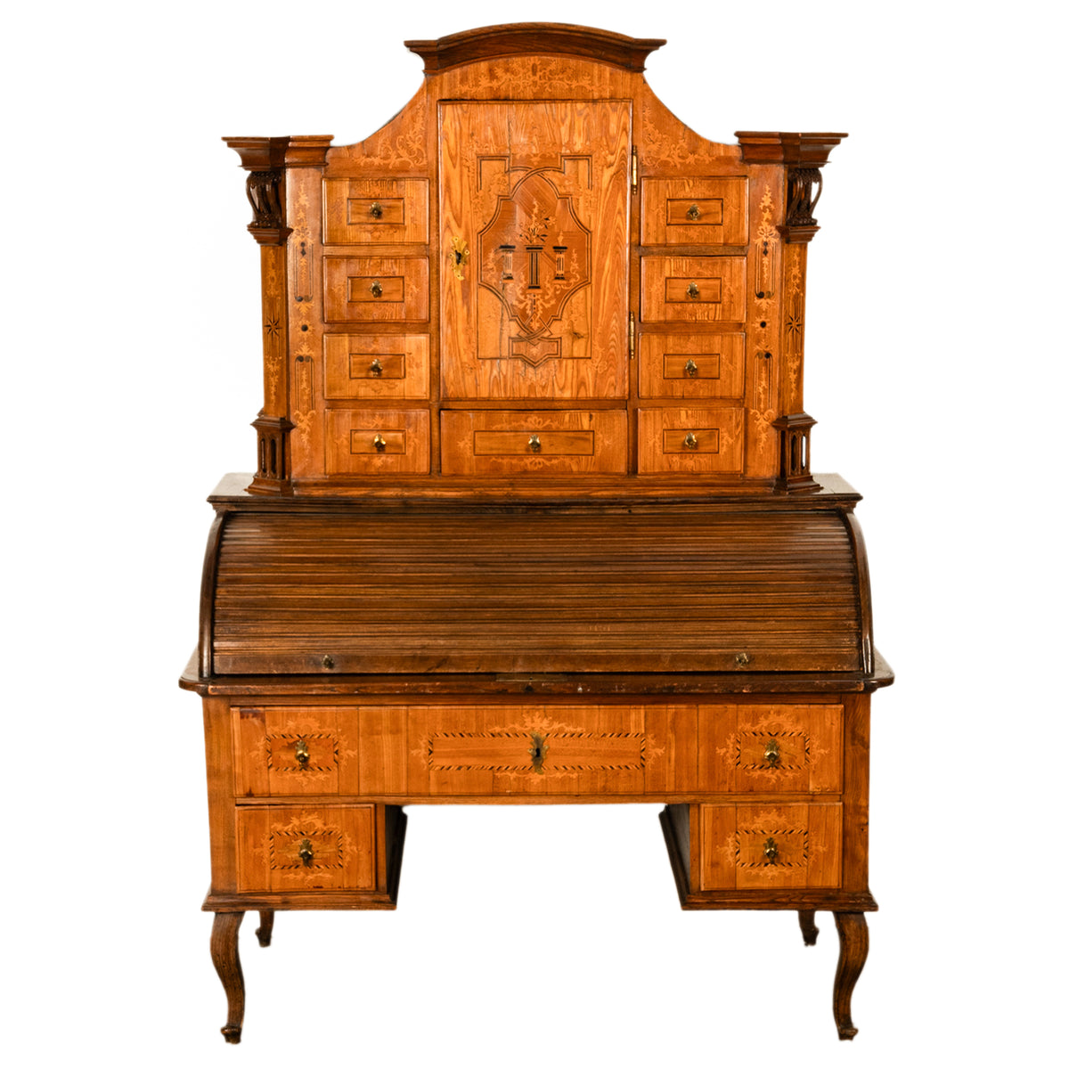 Antique Austrian Baroque Biedermeier Marquetry Roll Top Tabernacle Cabinet Desk Circa 1820