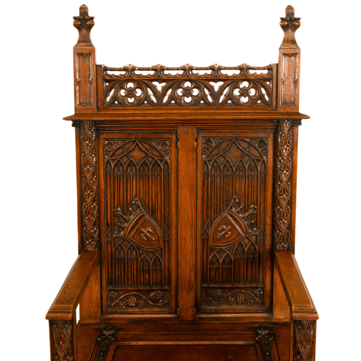 Antique 19thC French Carved Oak Gothic Revival Throne Storage Chair Seat 1880