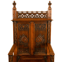 Antique 19thC French Carved Oak Gothic Revival Throne Storage Chair Seat 1880