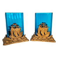 Antique American Art Deco Brass Glass Vases Ship Bookends Bradley & Hubbard 1925
