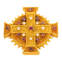 Antique Italian Etruscan Revival 22k Gold Brooch Rubies & Pearls Marchesini 1870