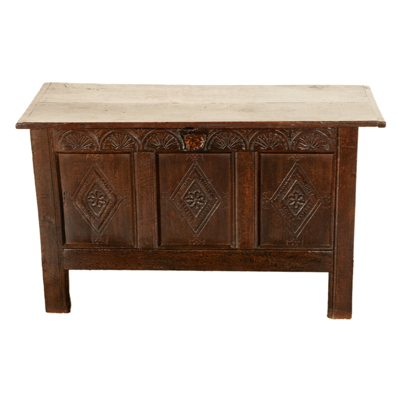 Antique English 17th Century Charles II Carved Oak Coffer Panelled Chest 1680