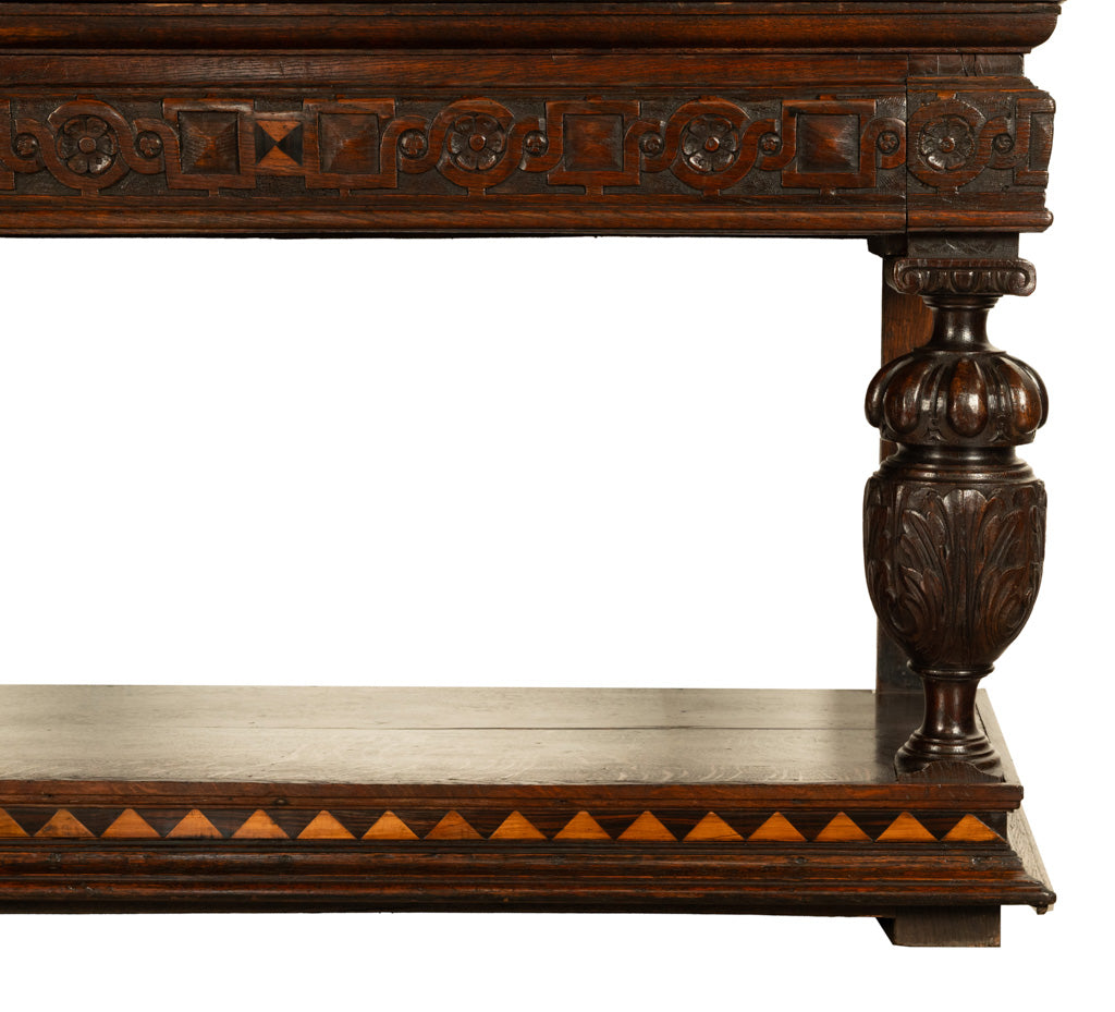Antique 16th C Elizabethan Tudor Inlaid Oak Carved Court Cupboard Cabinet 1580