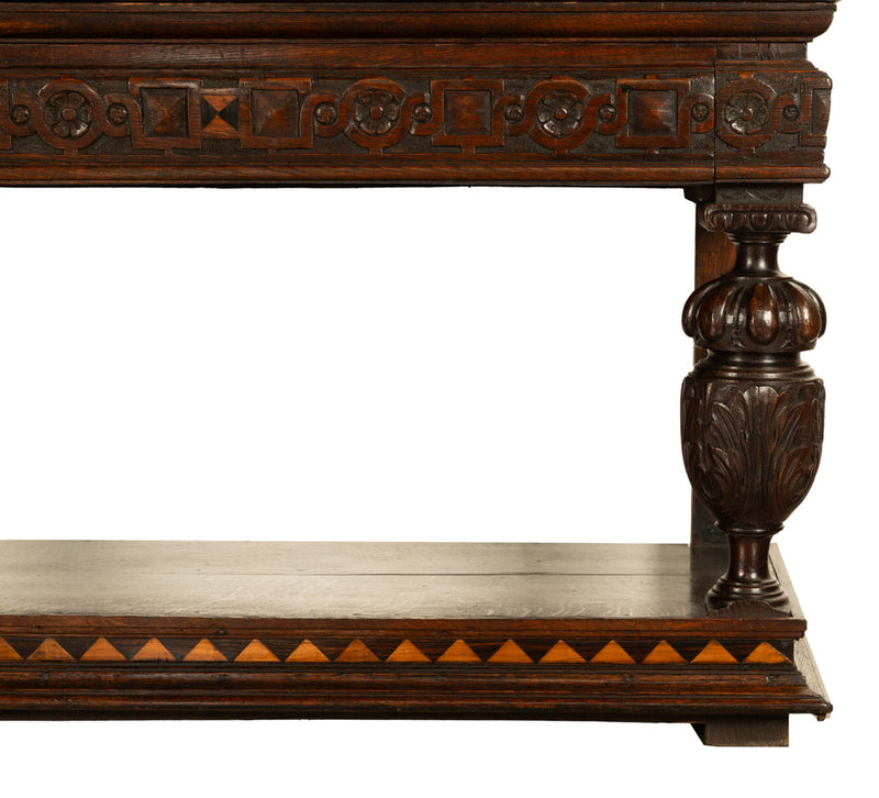 Antique 16th C Elizabethan Tudor Inlaid Oak Carved Court Cupboard Cabinet 1580