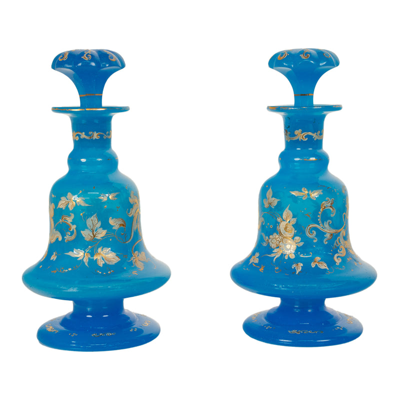 Antique Pair French Blue Opaline Gilded Enamel Glass Perfume Bottles Flacon 1850