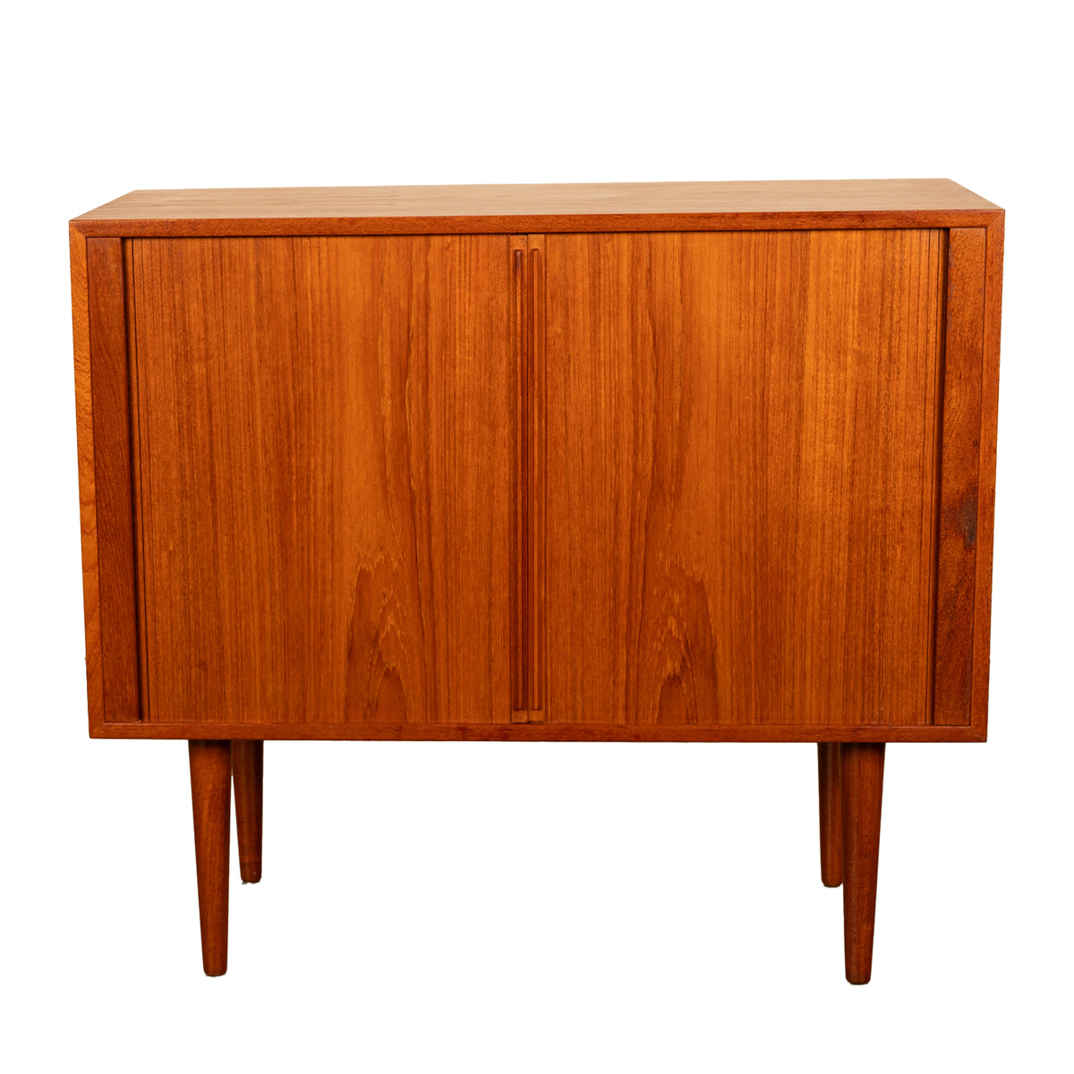 Danish Mid Century Modern Tambor Roll Front Teak Credenza Cabinet Kai Kristiansen Feldballes Møbelfabrik 1960