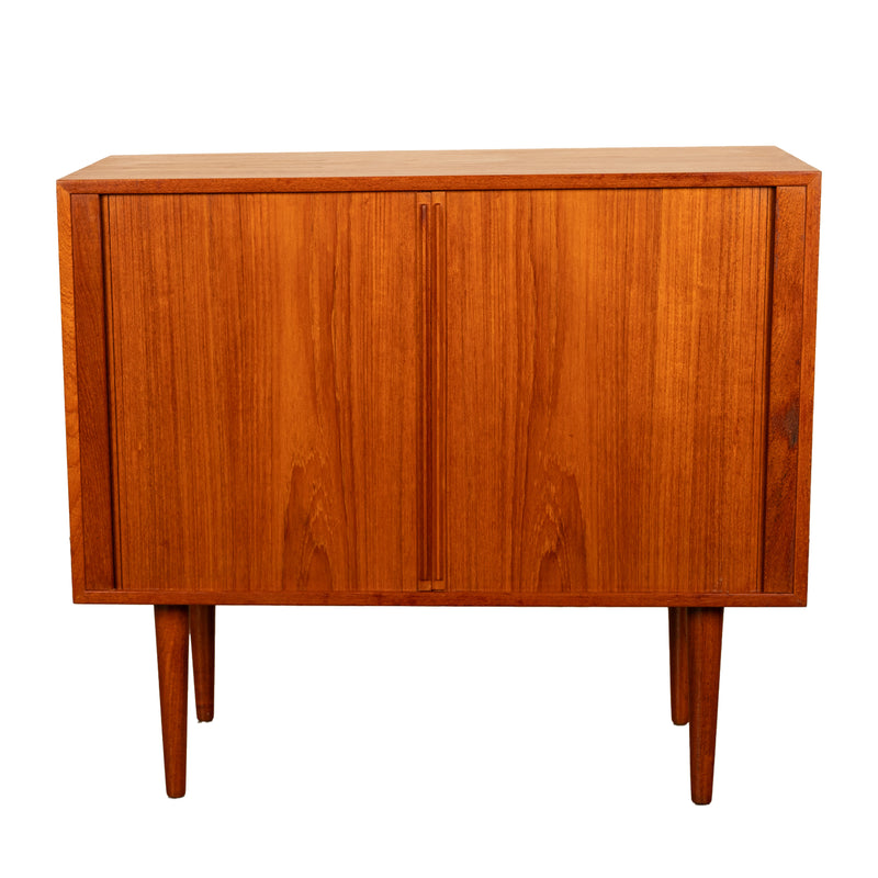 Danish Mid Century Modern Tambor Roll Front Teak Credenza Cabinet Kai Kristiansen Feldballes Møbelfabrik 1960