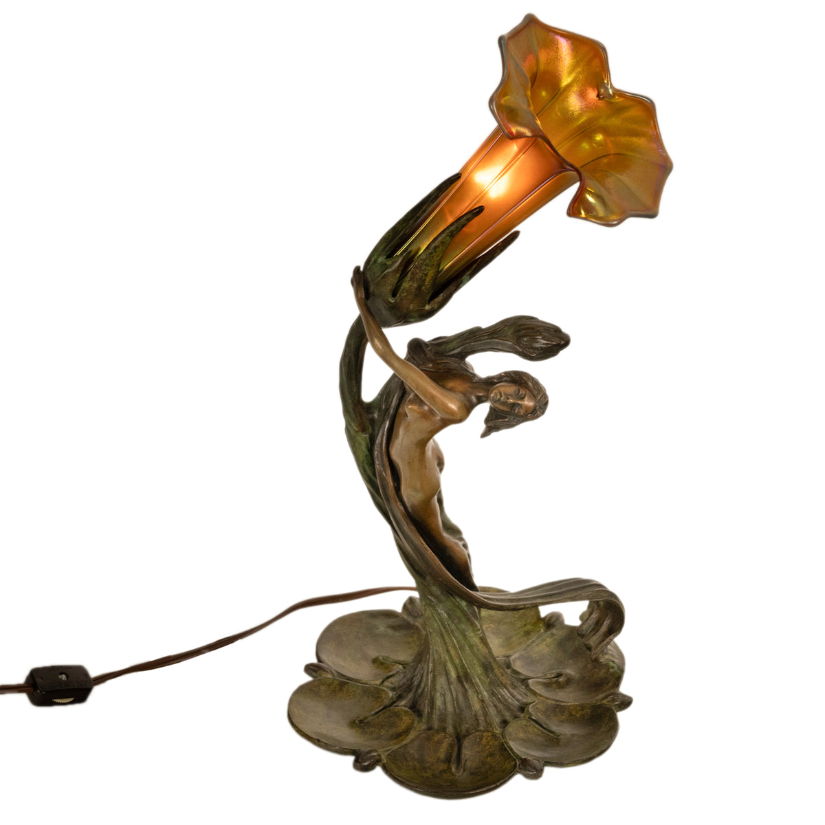 Antique Art Nouveau Austrian Bronze Figural Lamp Loetz Glass Gustav Gurschner, 1905