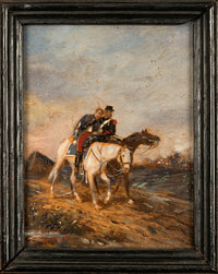 Antique Miniature Oil Painting on Panel French Battle Cavalry Horse Scene by James Alexander Walker 1875