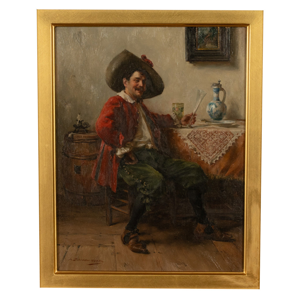 Antique German Genre Oil Painting Portrait Cavalier Drinking Wine by Albert Friedrich Schroder, 1899