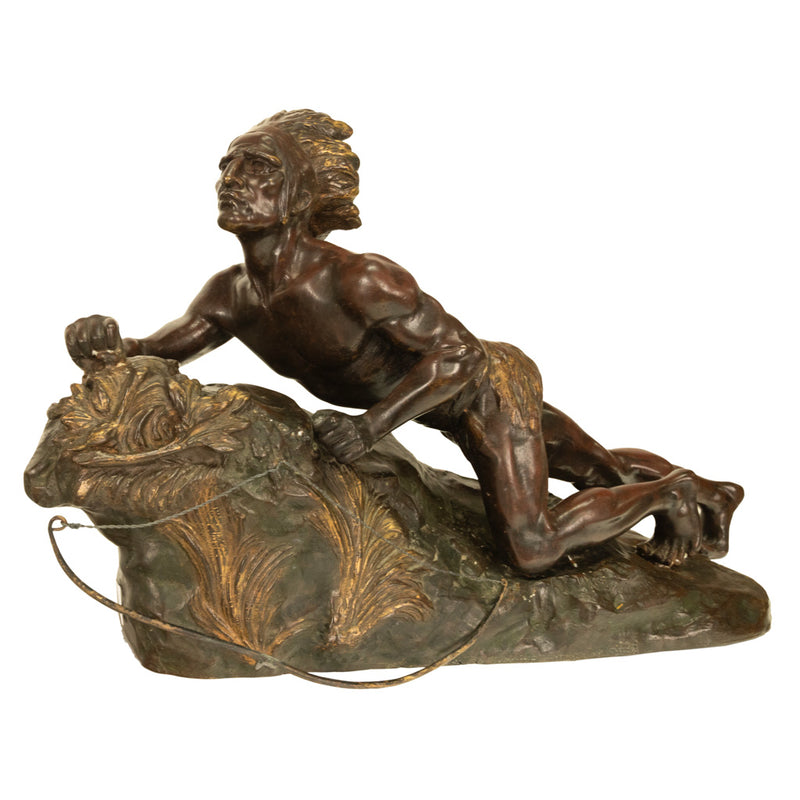 Antique French Art Deco Bronze Sculpture Native American Indian Hunter Scout by René-André Varnier, Circa 1920