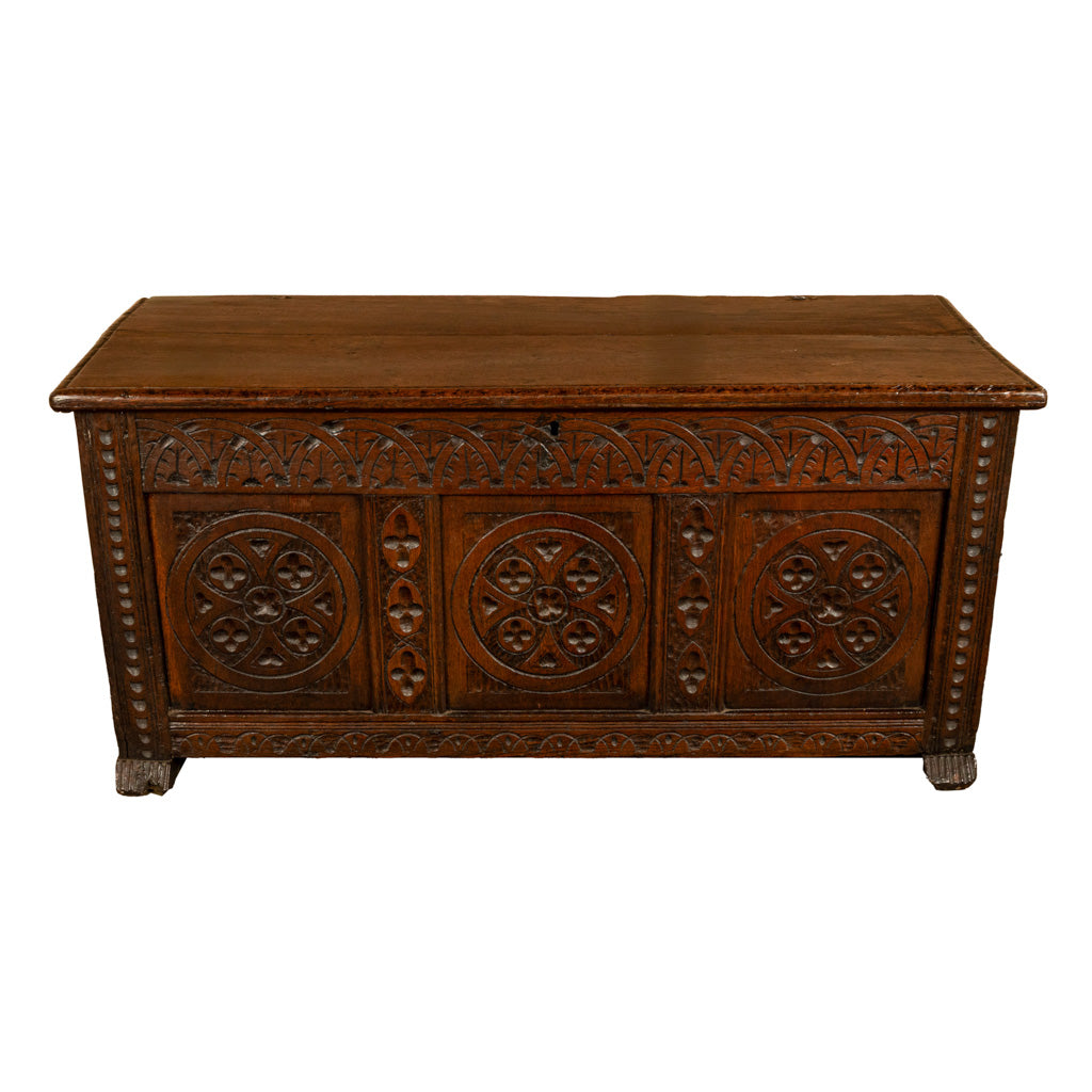 Antique English 17th Century William III Carved Oak Coffer Chest Candle Box 1690