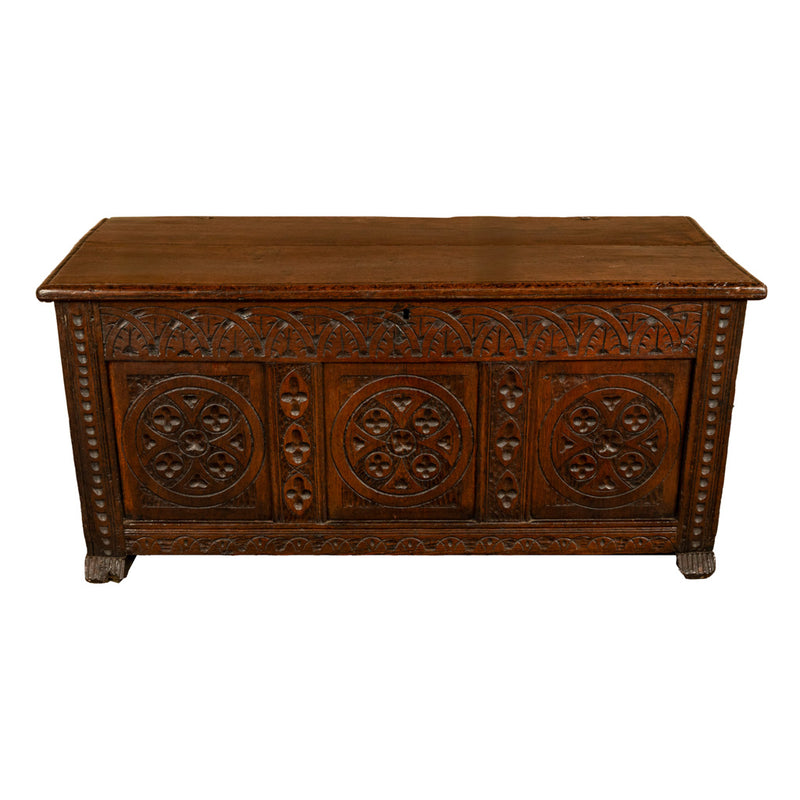 Antique English 17th Century William III Carved Oak Coffer Chest Candle Box 1690