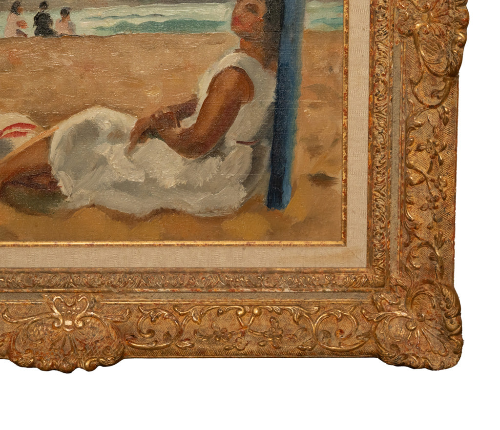 French Oil on Canvas Post Impressionist Portrait Painting Beach Sea Scene Spain by Charles Picart le Doux, 1933