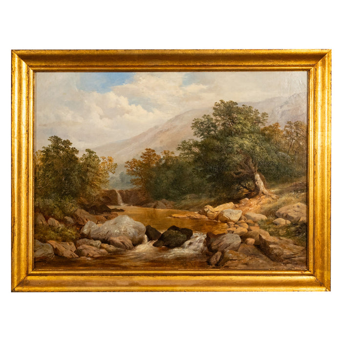 Large Antique English 19thC Oil Painting River Lyn Landscape Barnstaple Devon by Albert Lane, 1860