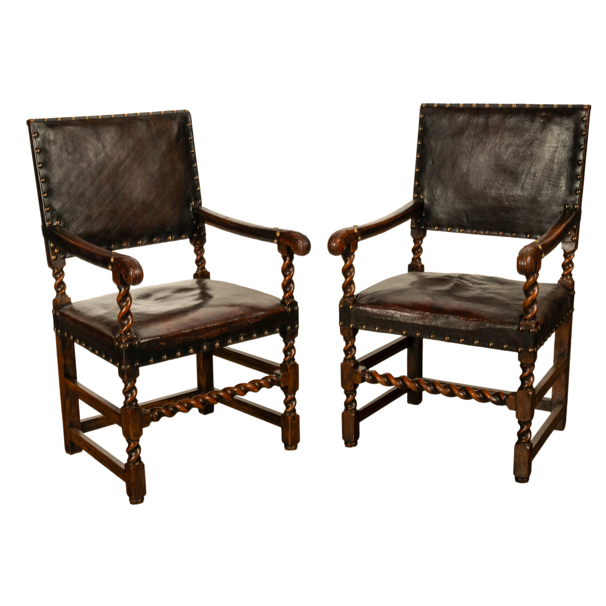 Antique Set 8 English Oak & Leather Barley Twist Baroque Dining Arm Chairs 1880