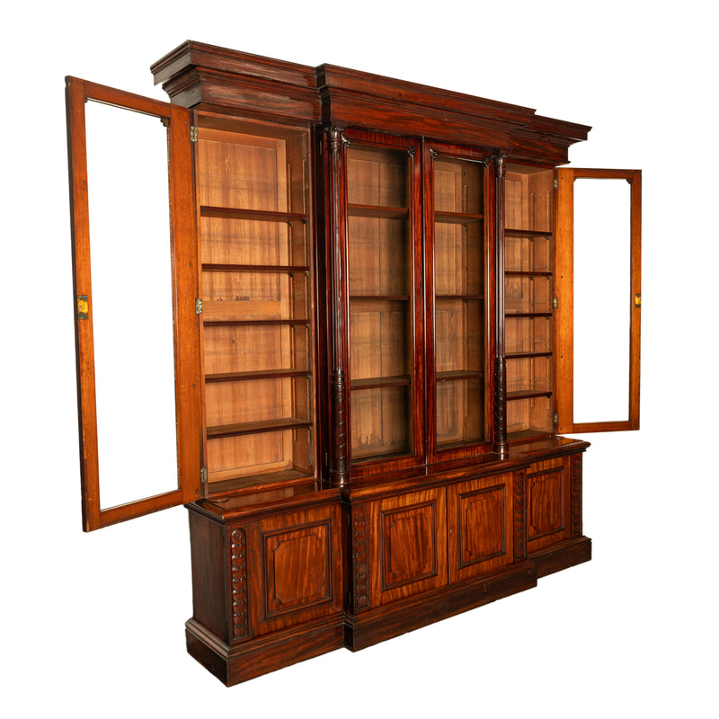 Monumental Antique Irish Carved Mahogany Breakfront Bookcase Bibliotheque 1850