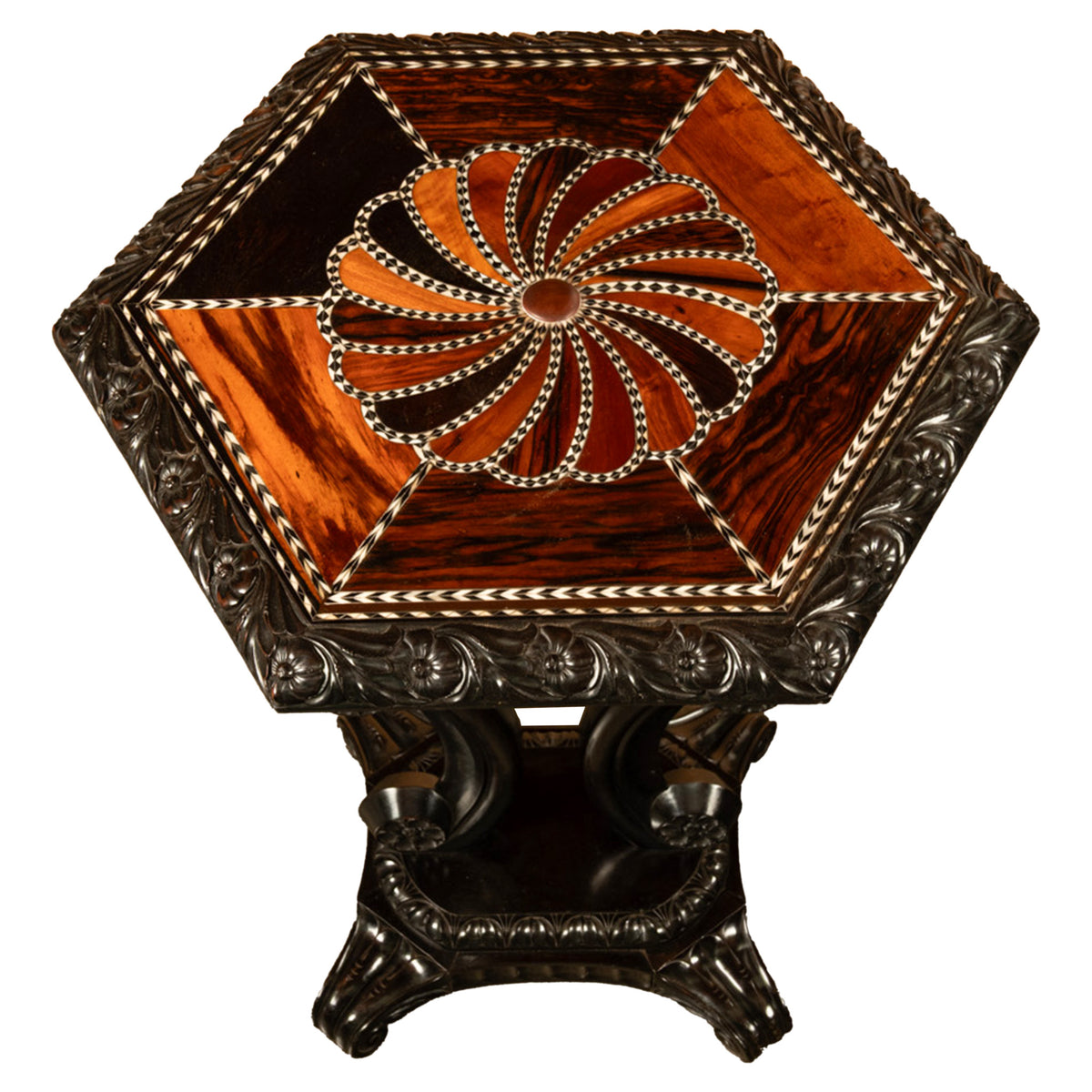 Antique Ceylonese Carved Rosewood Ebony Ivory Silver Specimen Inlaid Table 1850