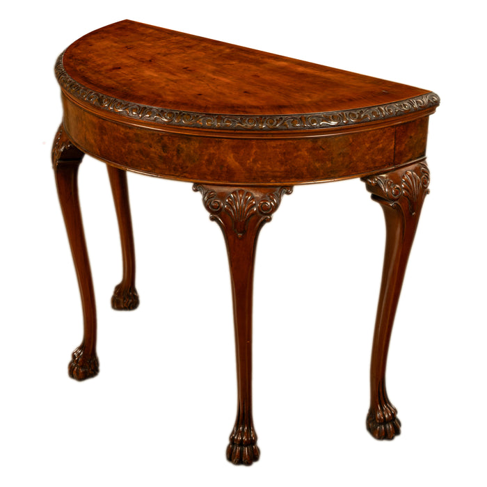 Antique Mahogany Carved Chippendale Demi-Lune Queen Anne Game Console Table 1900