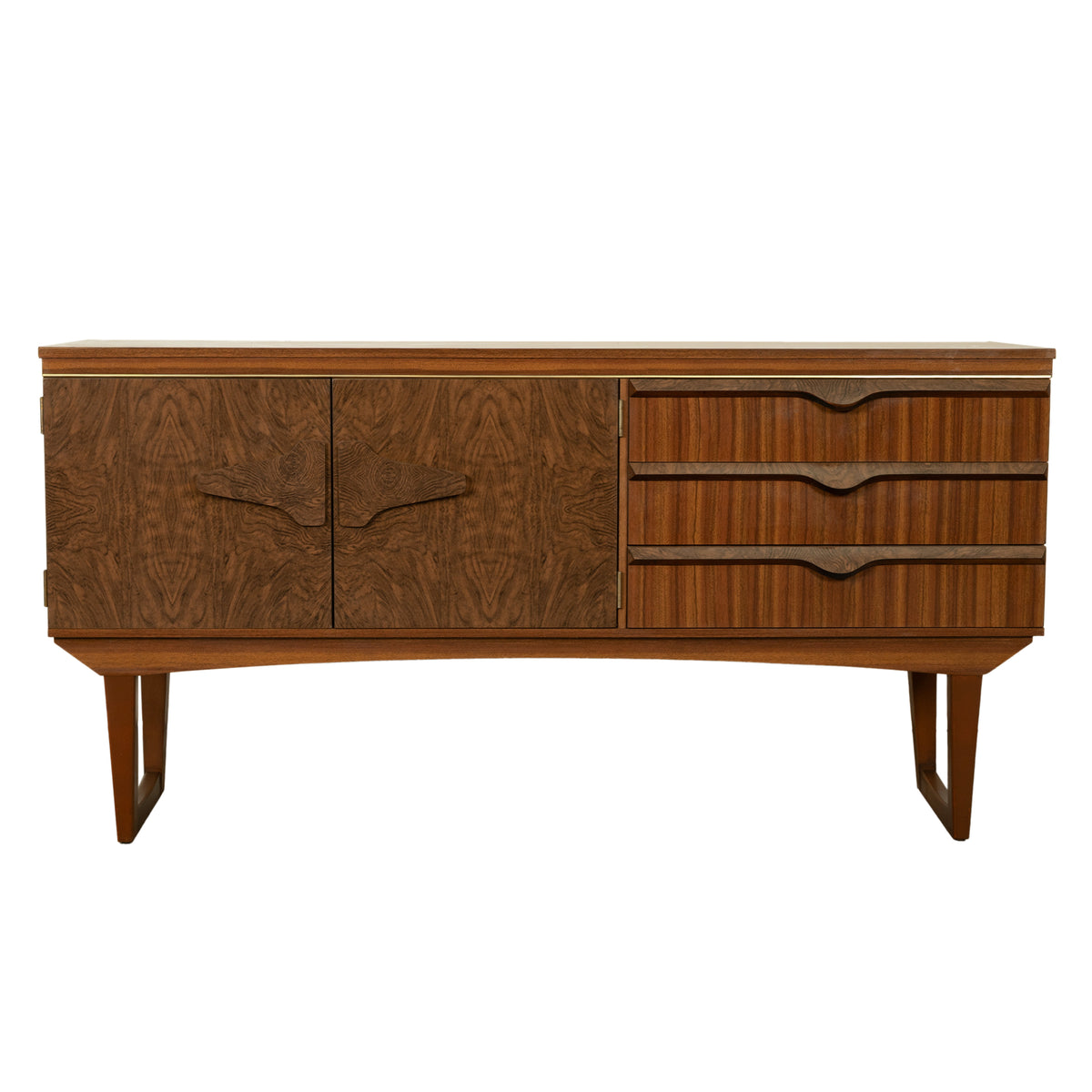 Mid Century Modern Danish Style Compact Zebra Wood Teak Credenza Sideboard 1960